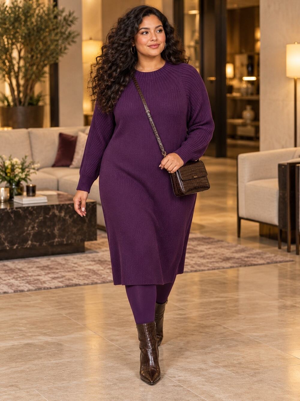 Coldwater Creek XL Rich Purple Ribbed Knit Midi Sweater Dress Stretch
